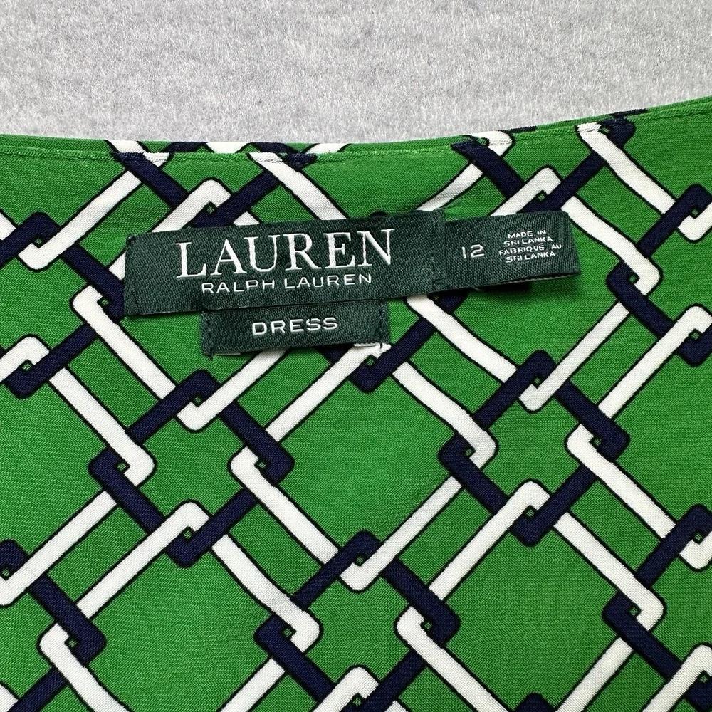 Lauren Ralph Lauren Ruched Sheath Dress Green Geometric Chain Print Womens 12